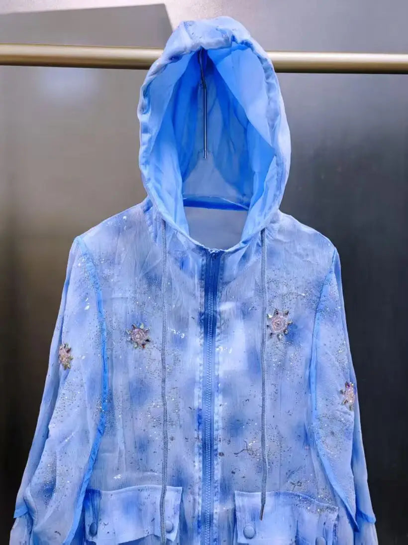 Blue Embellished Hooded Zipper Lightweight Shirt for Women