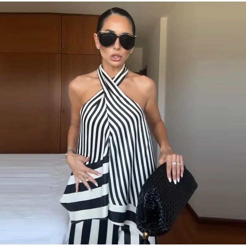 Striped Criss Cross Halter Two Piece Wide Leg Pants Set For Women