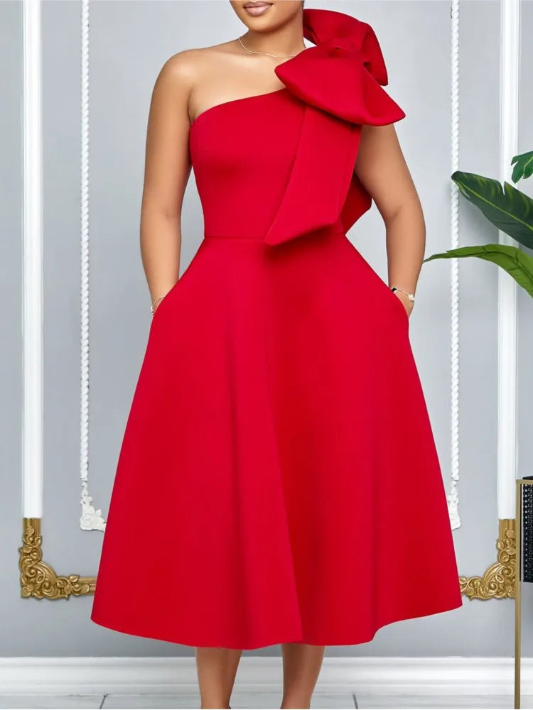 Dress One Shoulder A Line Pleated Knee Length Sleeveless Bow Belt Elegant Party Style