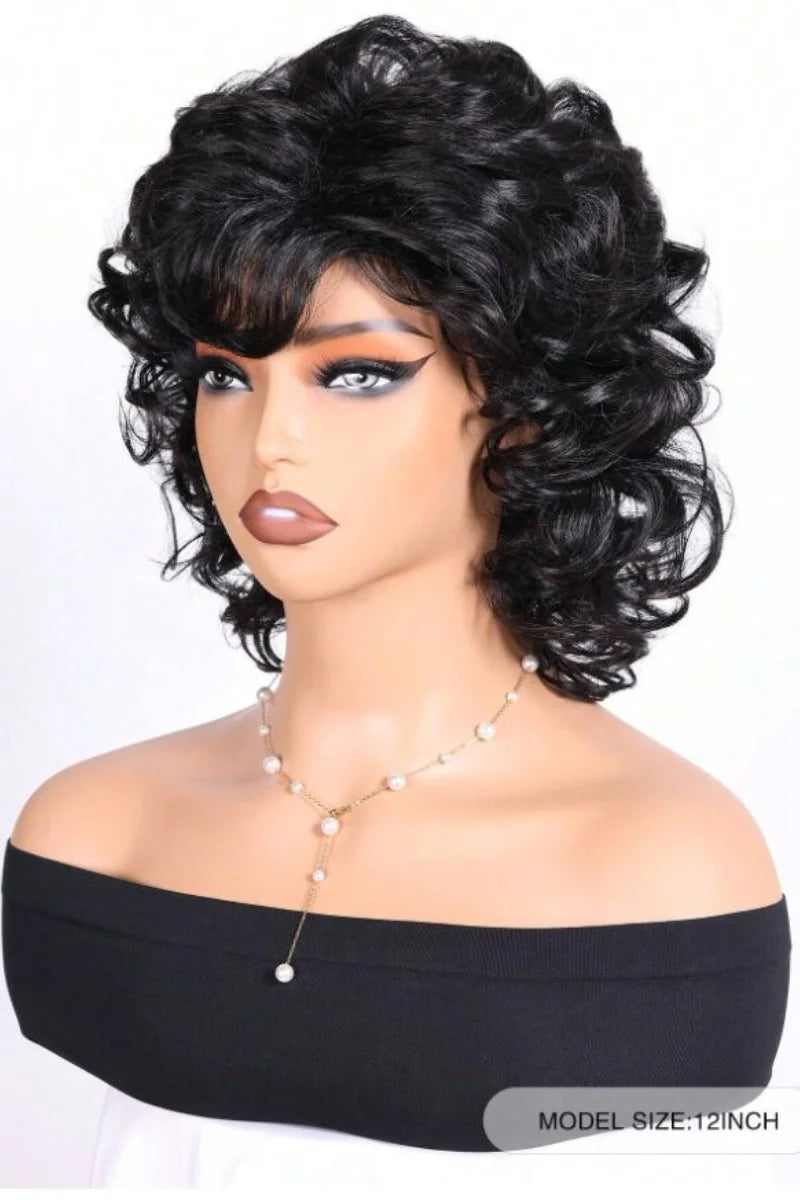 Natural Fluffy Curly Synthetic Wig With Side Edges 12 Inches For Women