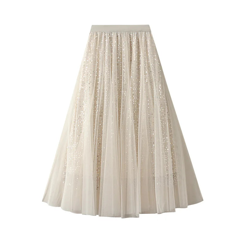 Sparkling Mesh A-Line Pleated Knee-Length Skirt for Women