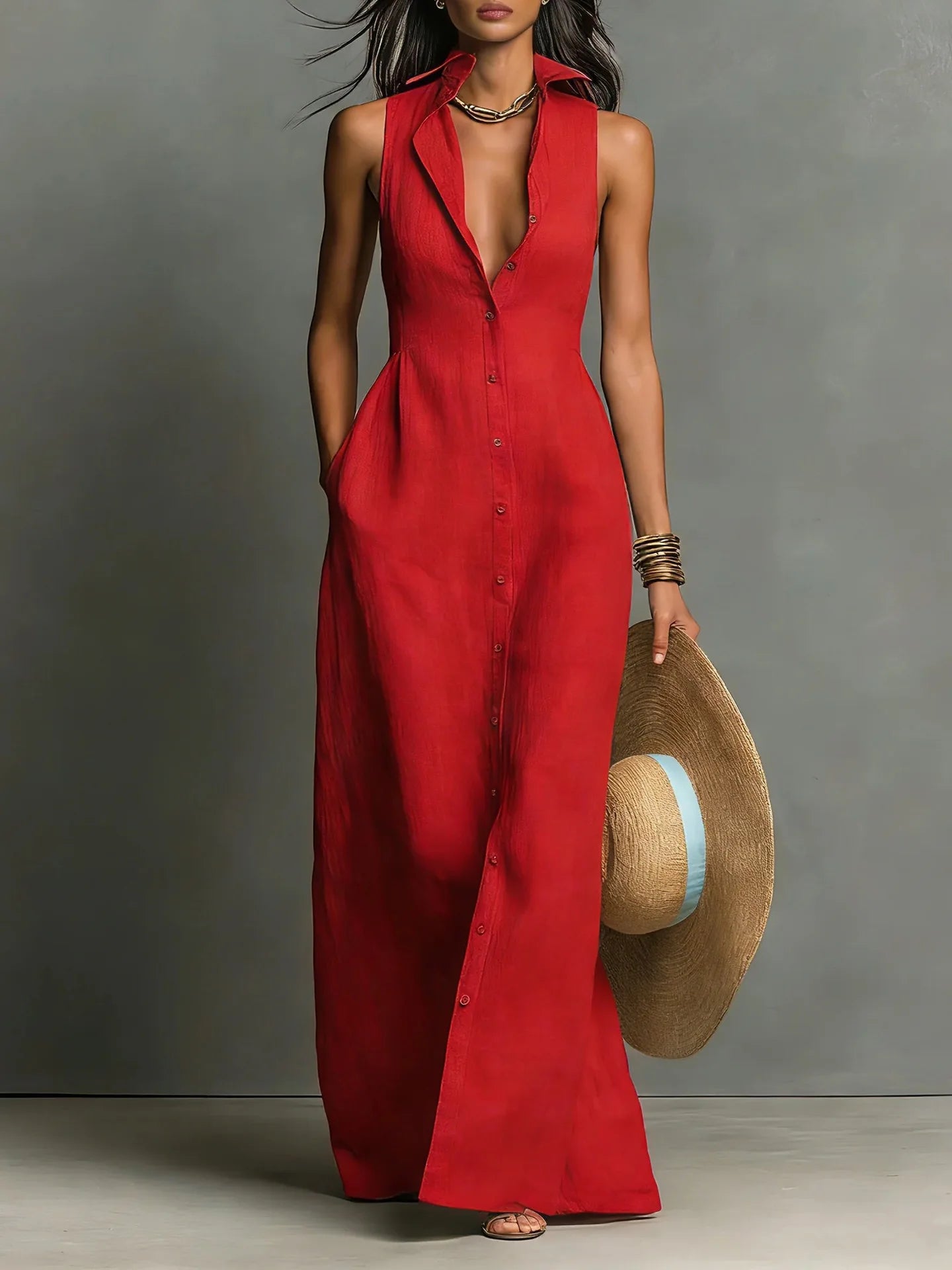 Elegant Deep V Neck Button Pocket Maxi Dress for Women