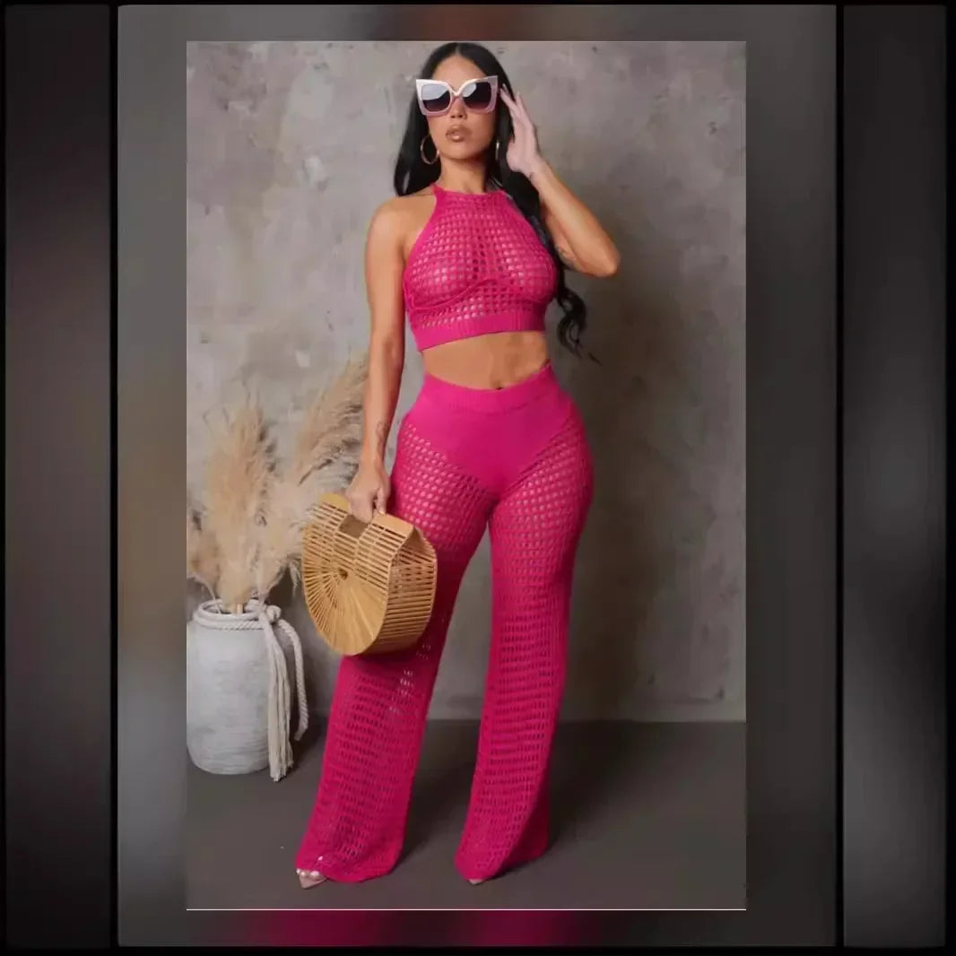 Sleeveless Pink Knit Two-Piece Trouser Set for Women