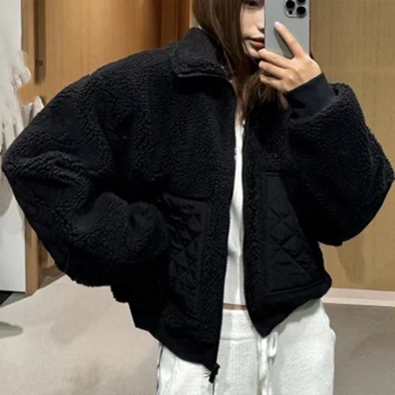 Elegant Lamb Women's Coat Vintage Stand Collar Thicken Full Sleeve Pockets Jacket Female 2025 Autumn Winter Woman Coats Outwears