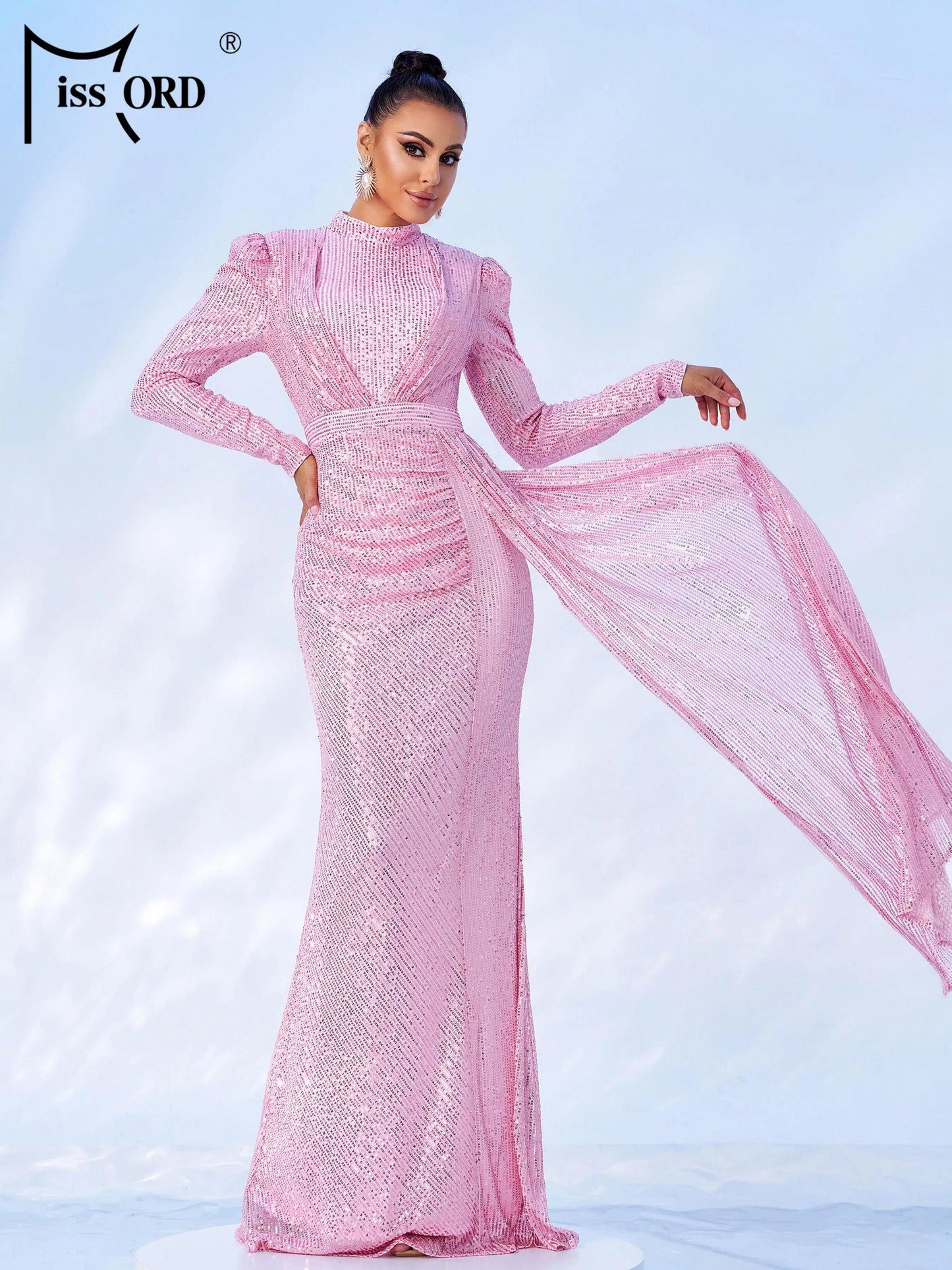 Missord Round Neck Long Sleeved Sequin Mermaid Evening Fashionable Exquisite Cocktail Prom Dress