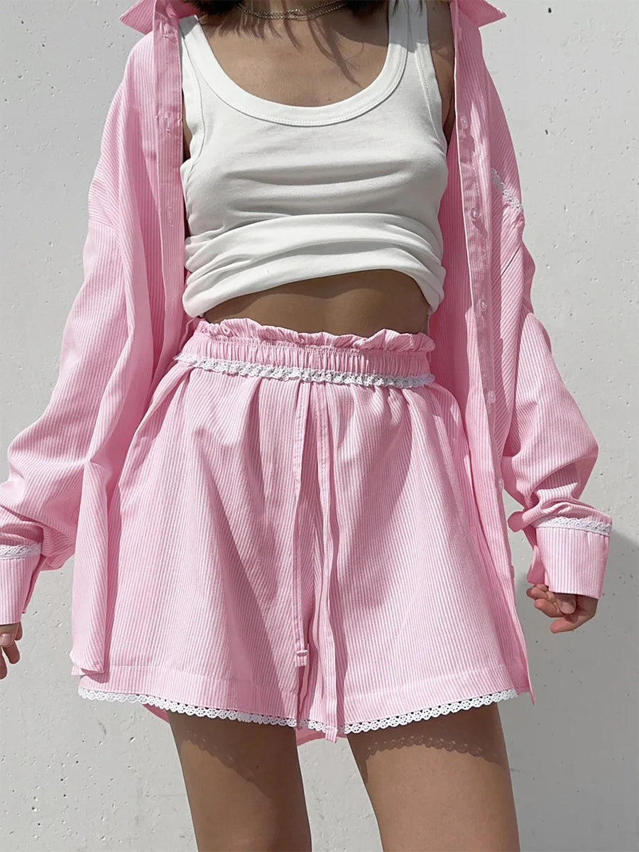 Striped Long Sleeve Cotton Shirt And Shorts Set For Women