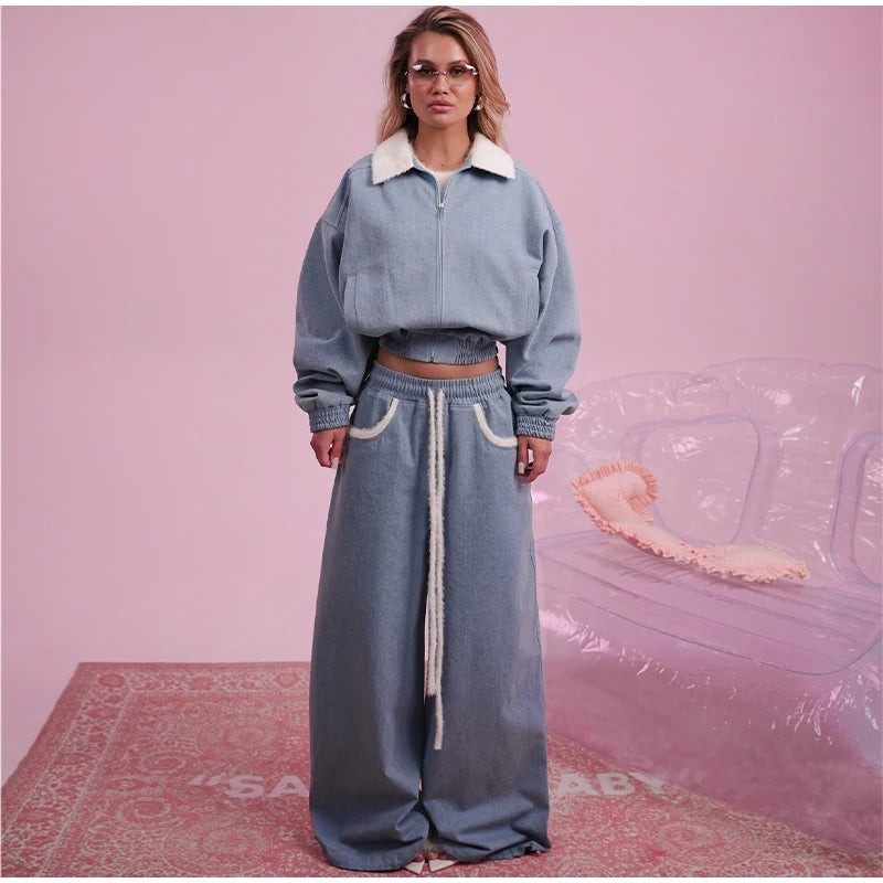 Contrast Lapel Zip Up Denim Jacket and Trousers Set for Women