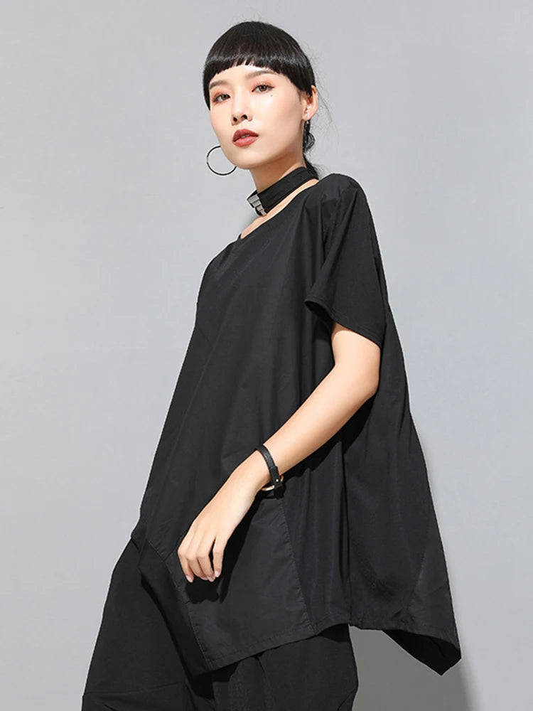 [EAM] Women Black Irregular Hem Spliced Big Size T-shirt New Round Neck Short Sleeve Fashion Tide Spring Summer 2025 1DJ1765