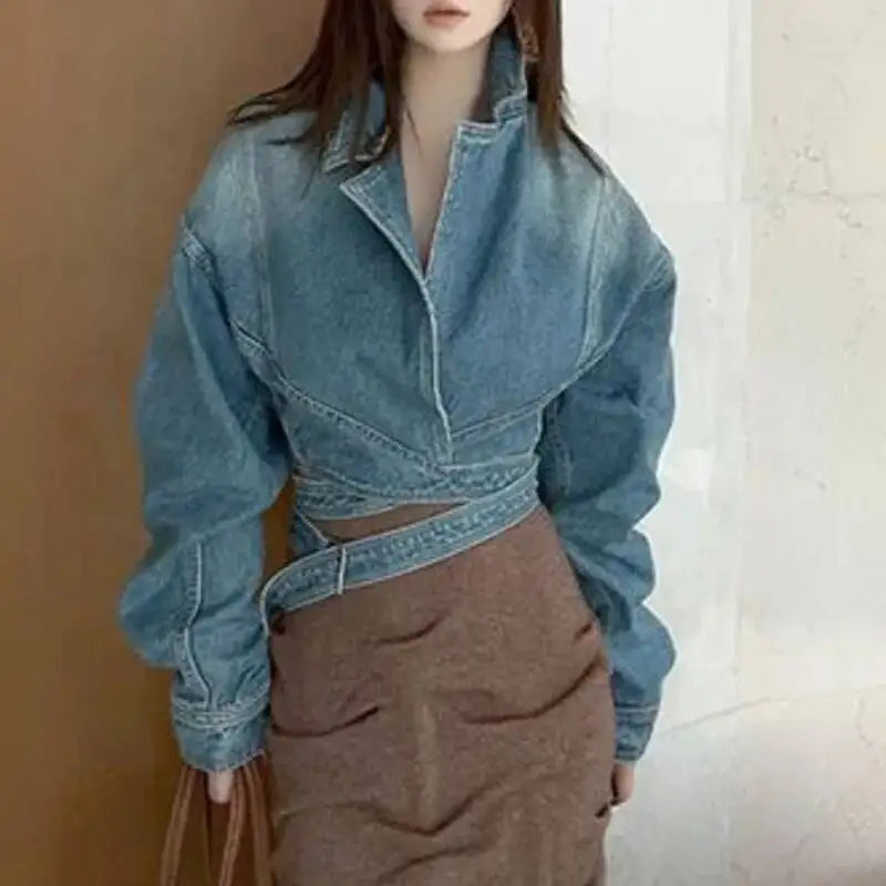 ANJY Autumn New Women Fashion Unique Lace- Up Distressed Washed Denim Jacket High Street Chic Versatile Casual Short Coat A16787
