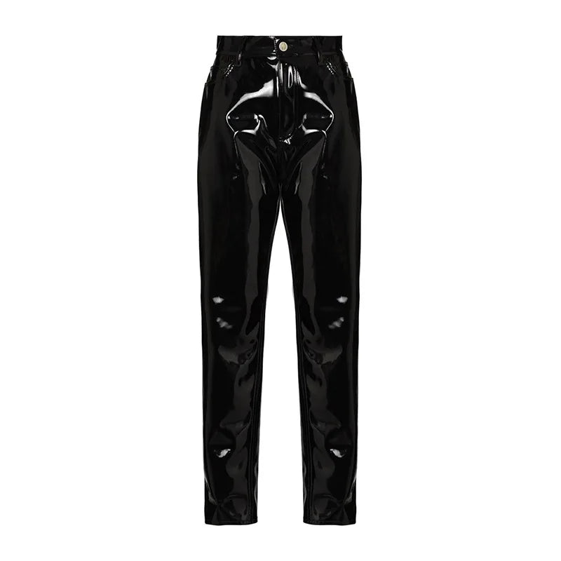 High Waisted Glossy Faux Leather Casual Pants For Women