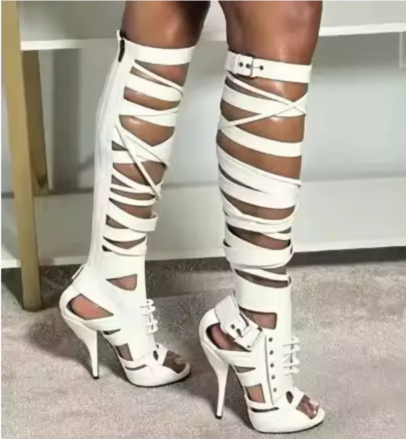 Lace Up Strappy Over The Knee Boots