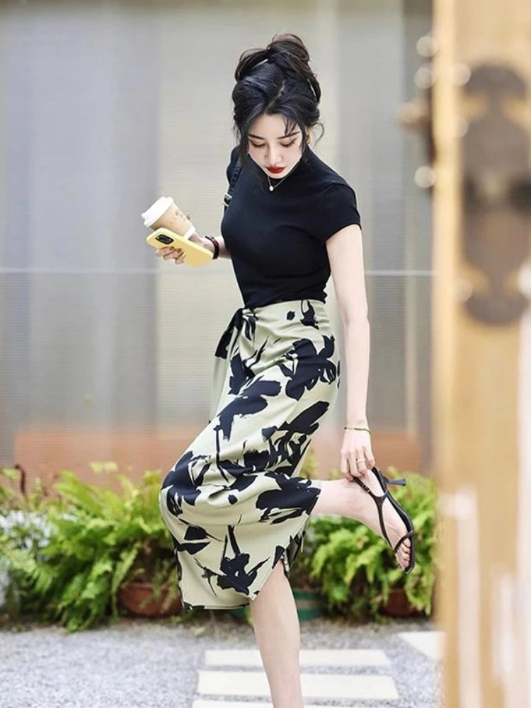 Skirts for Women High Waist Midi Woman Skirt Printing Clothing Sales 2025 Trend Korean Fashion A Line Luxury Elegant New in Chic