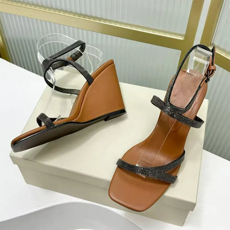 Square Toe Suede Wedge Sandals With Beaded Straps For Women