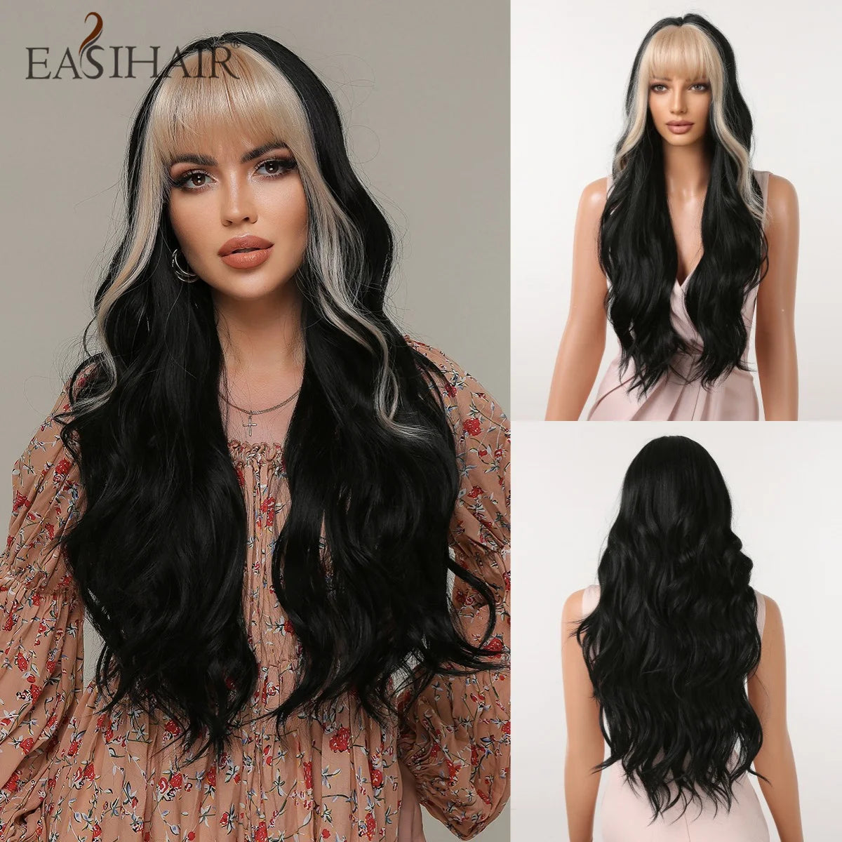Long Wavy Black Synthetic Wig With Blonde Bangs for Women