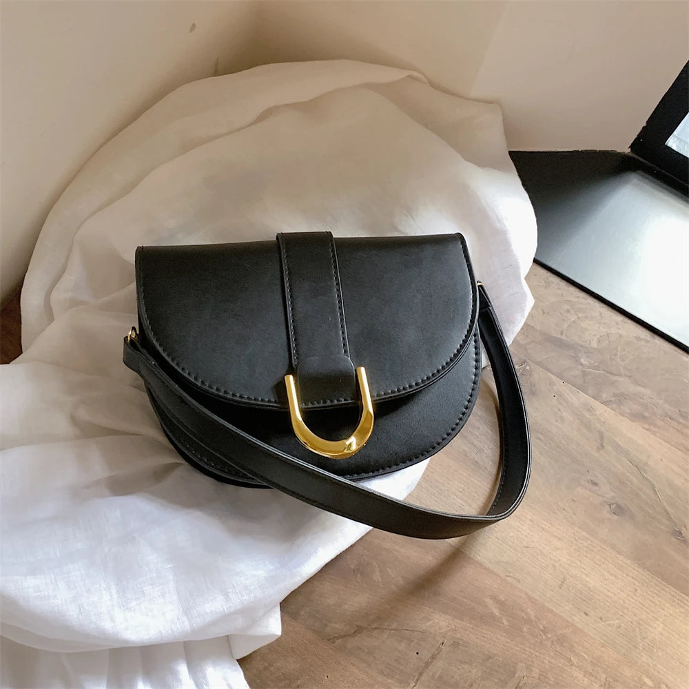 Solid Color Leather With Golden Hardware Saddle Shoulder Bag for Women