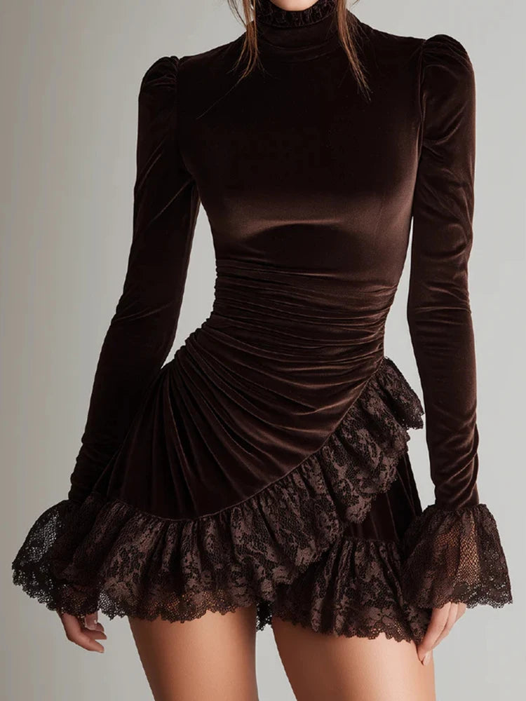 Turtleneck Patchwork Long Sleeve Mini Dress for Women