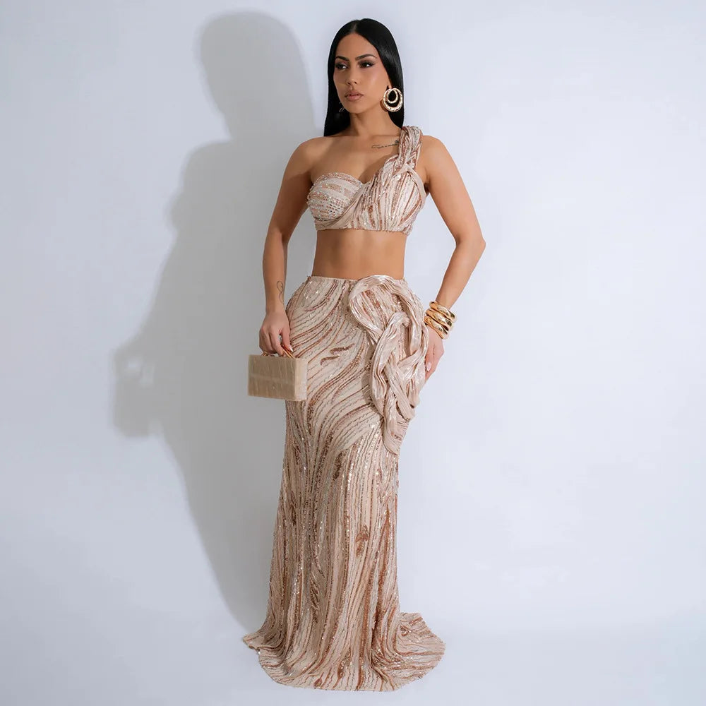 CM.YAYA Women’s Dress Set Mesh Sequined Ribbon Sleeveless Strap Top + Long Skirts Sets 2 Two Pcs Sets Sexy Party Evening Oufits