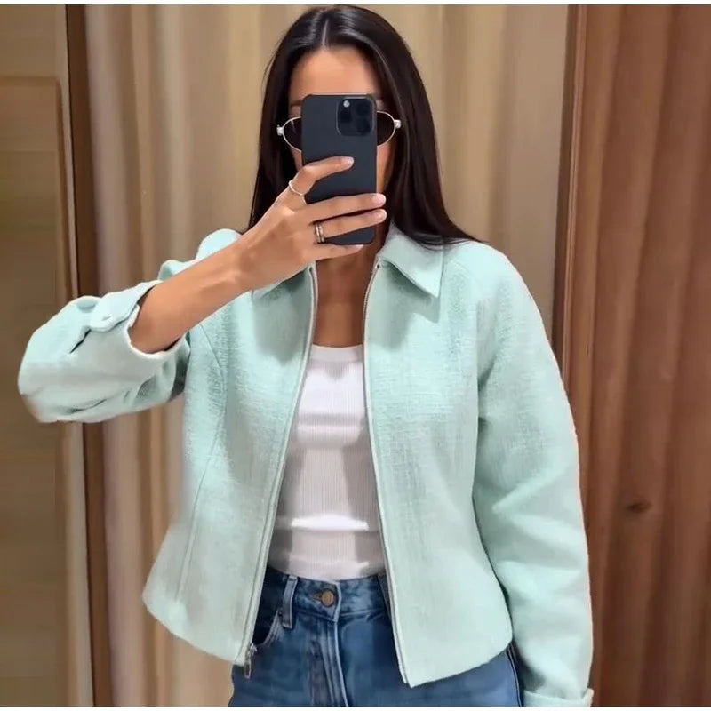 Chic Slim Fit Lapel Zipper Casual Short Coat for Women