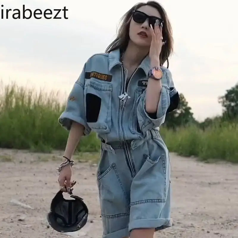 Oversized Embroidered Polo Collar Jumpsuit For Women