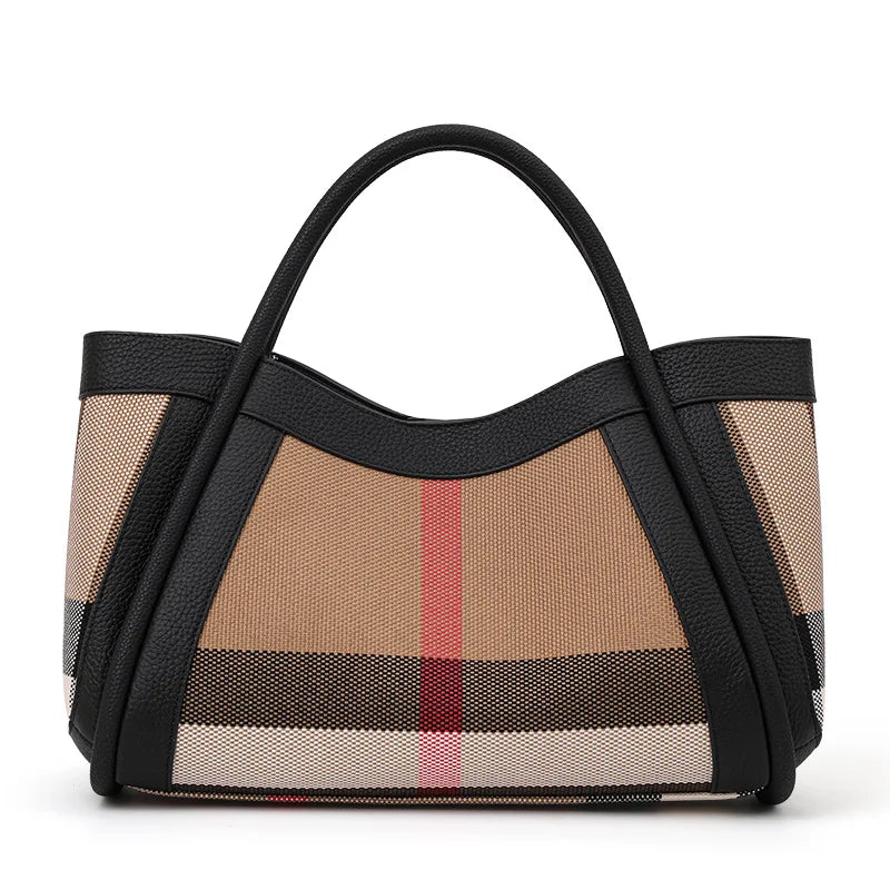 Retro Checkered Large Capacity Canvas And Leather Handbag for Women