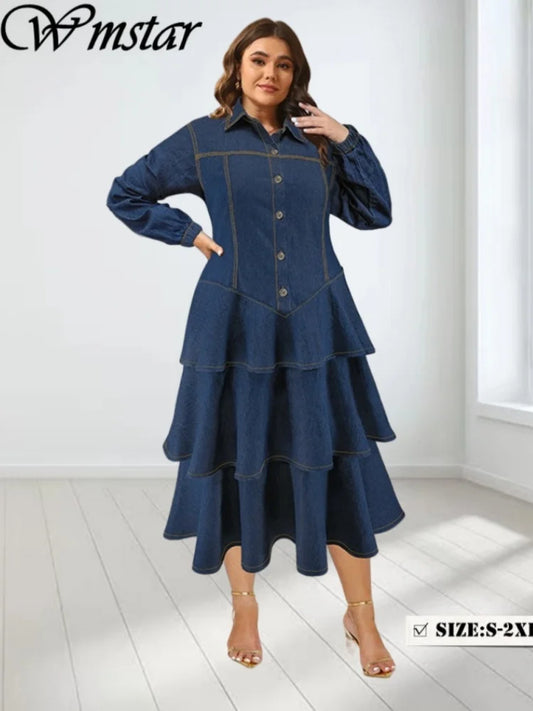 Wmstar Plus Size Denim Dresses for Women Button Solid Fashion Elegant Maxi Long Dress Fall Winter Clothes Wholesale Dropshipping