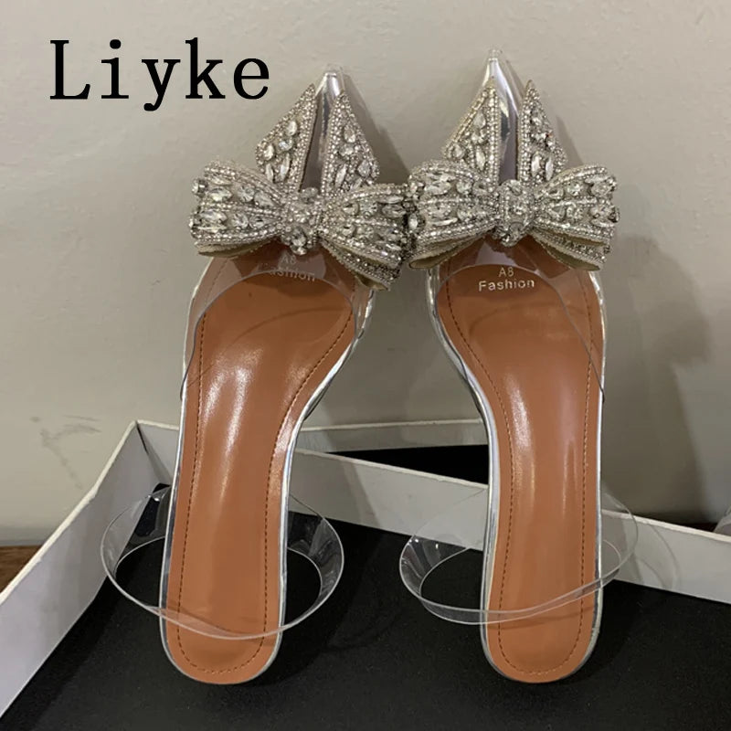 Crystal Bowknot Clear Pointed Toe Pumps for Women Wedding