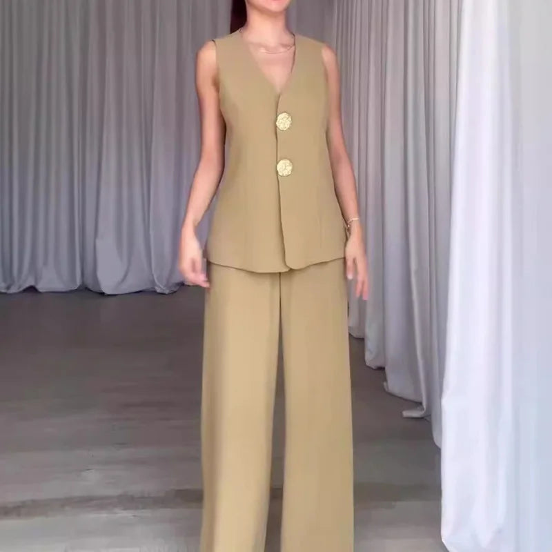 Women Summer Cardigan Top Chic Outfit, Solid Patchwork Wide Leg Pants Matching Sets, Sleeveless V Neck Ladies Suits Streetwear