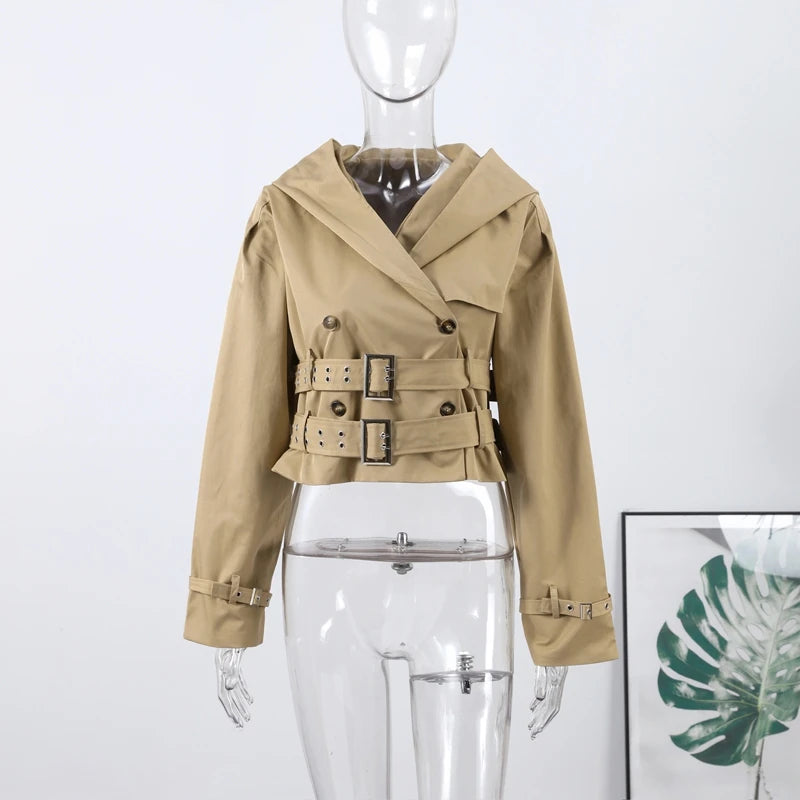 Belted Button Front Long Sleeve Short Jacket for Women