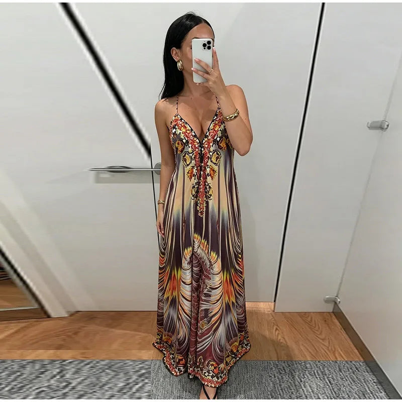 Beach Print Halter Neck Backless Long Dress for Women