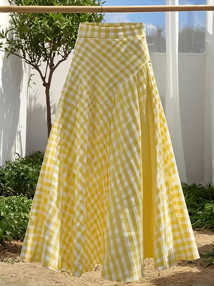Dopamine Yellow Plaid Pleated Waist Midi Skirt for Women