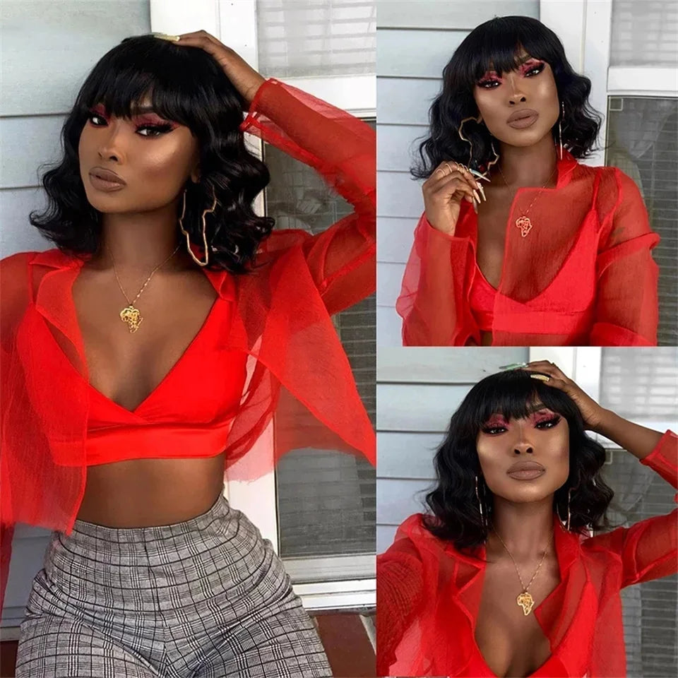 Short Bob Wig Body Wave Human Hair Wig With Bangs Full Machine Made Glueless For Black Women Loose Body Wave Human Hair Wig