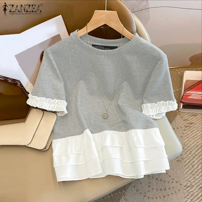 ZANZEA Woman Summer Fashion Chic T-Shirts Round Neck Short Sleeve Ruffle Trim Layered Hem Contrast-Color Casual Patchwork Tees