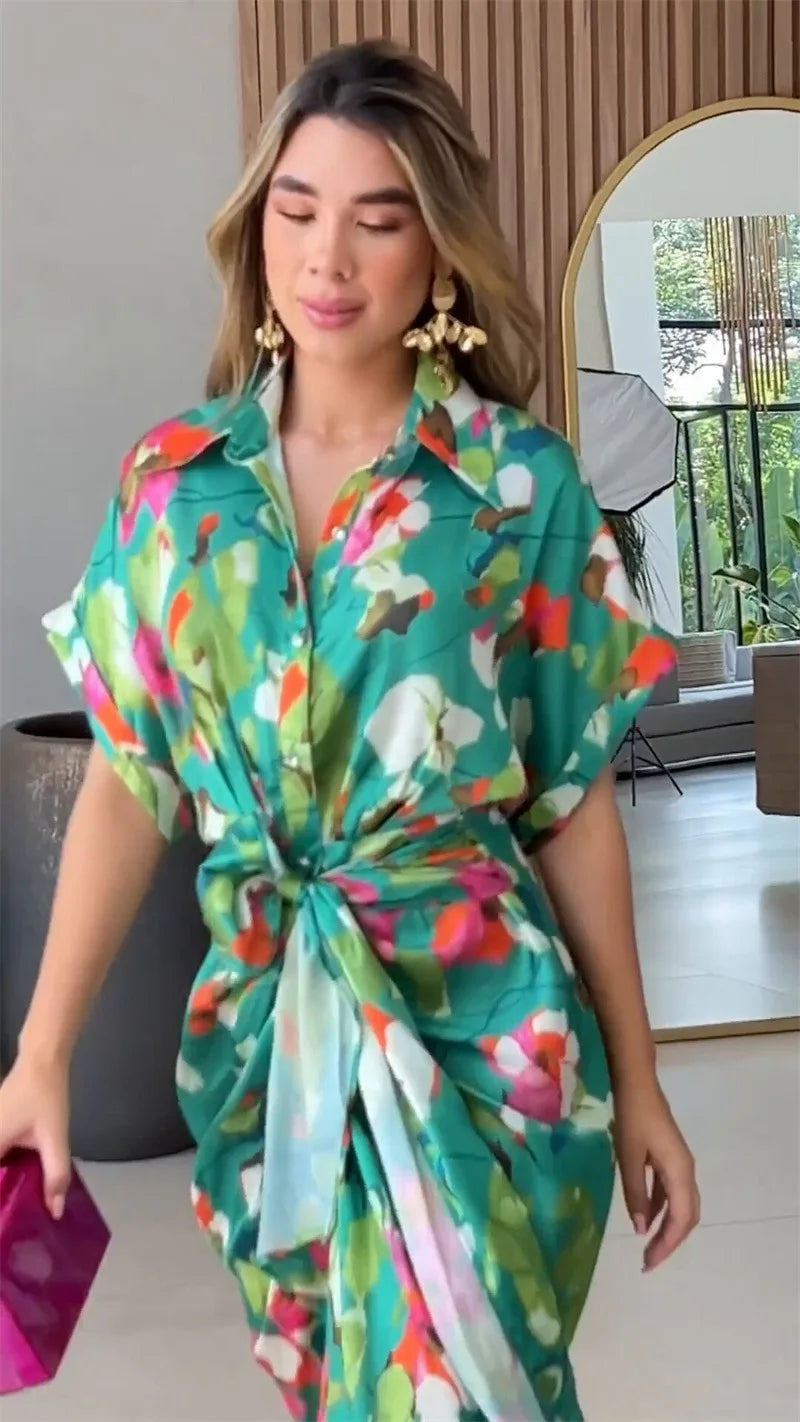 Printed Button Front Ankle Length Shirt Dress with Belt for Women
