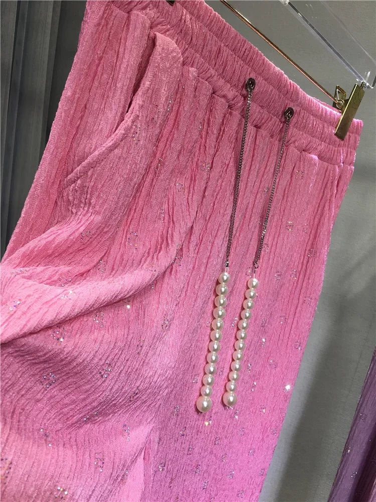 Pink Silk-Feel Wide Leg Pants