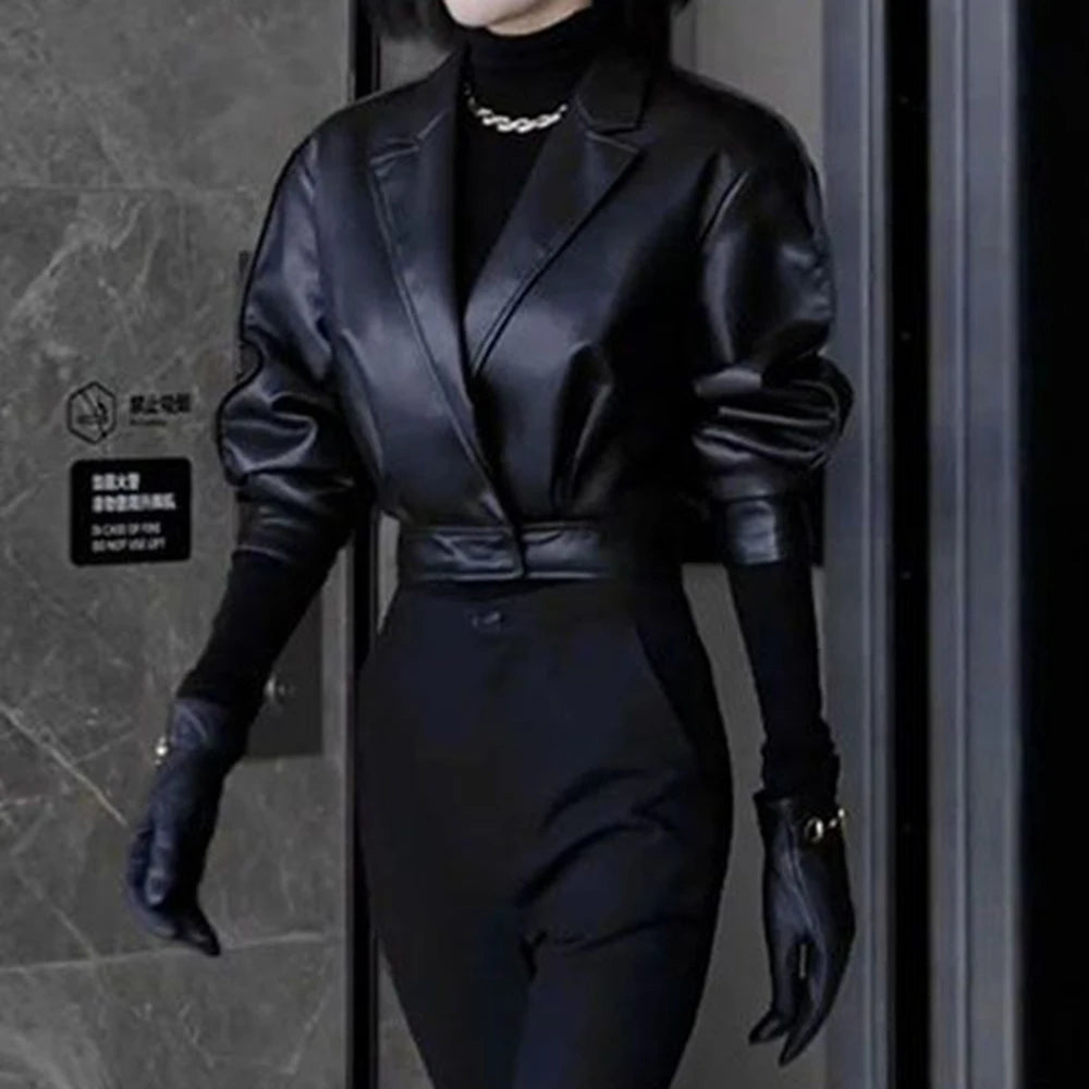 Trendy Faux Leather Blazer And Flared Pants Set For Women