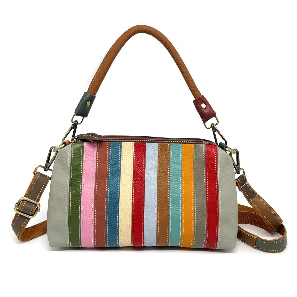 Leisure and versatile women's bag colorful leather splicing strip bag seven color rainbow bag, single shoulder crossbody handbag