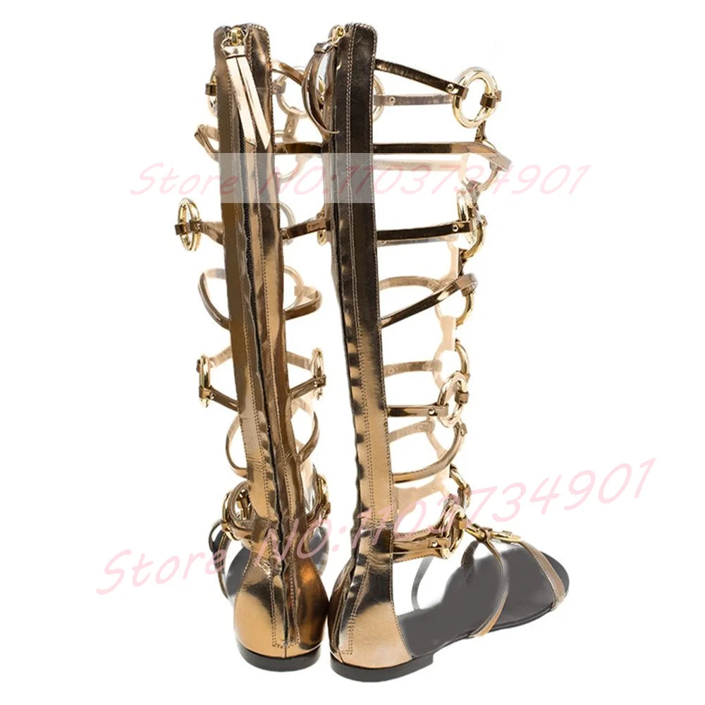 Black Leather Open Toe Metal Ring Strap Gladiator Sandals For Women