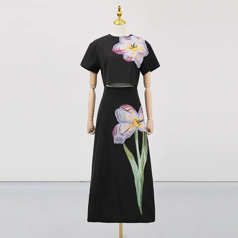 Elegant Floral Backless Cropped Top Two Piece Set for Women