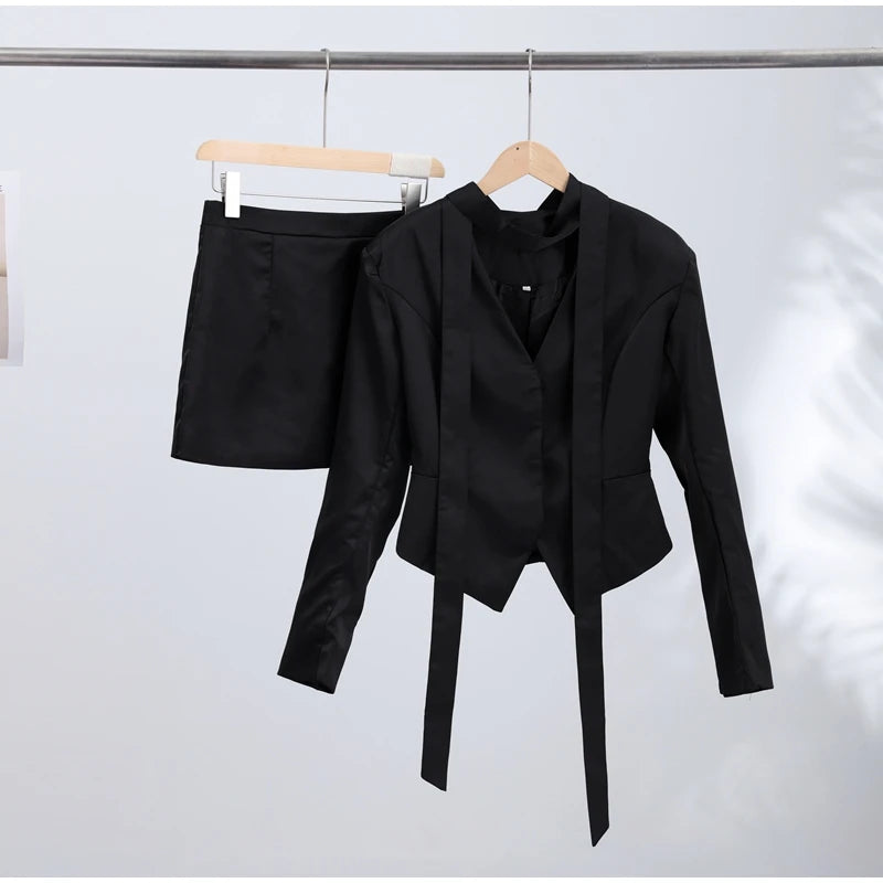 Turn-Down Collar Tailored Blazer Skirt Set for Women