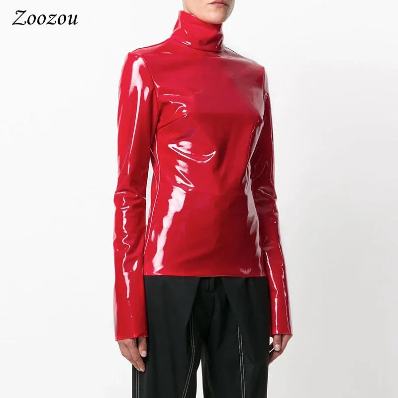 Faux Patent Leather Turtleneck Top