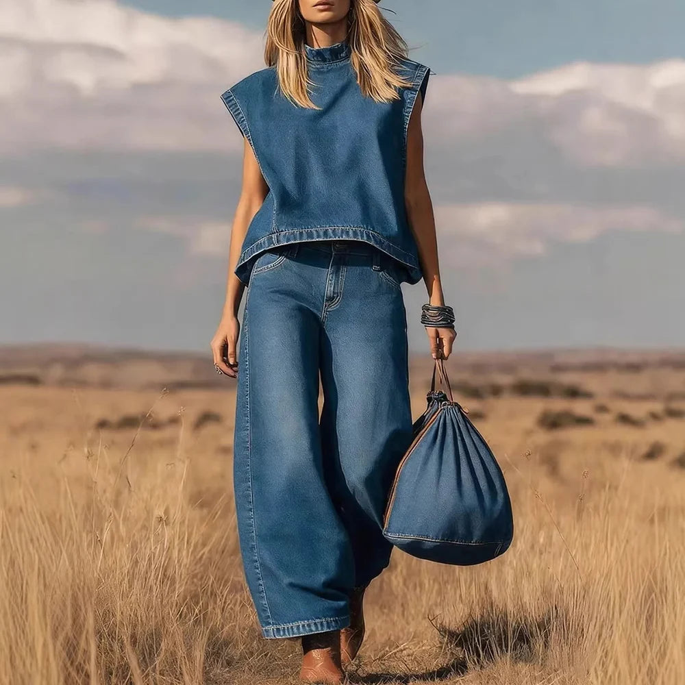 Vintage Sleeveless Denim Two Piece Casual Set For Women