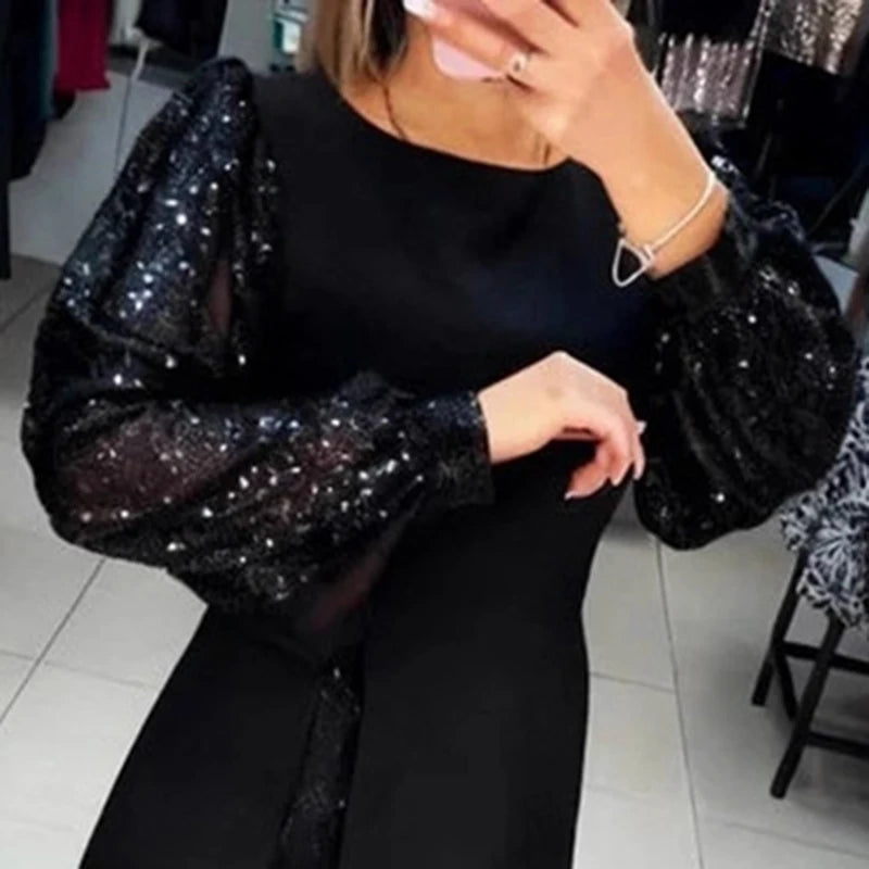 Sequin Patchwork Long Sleeve Mini Evening Dress for Women