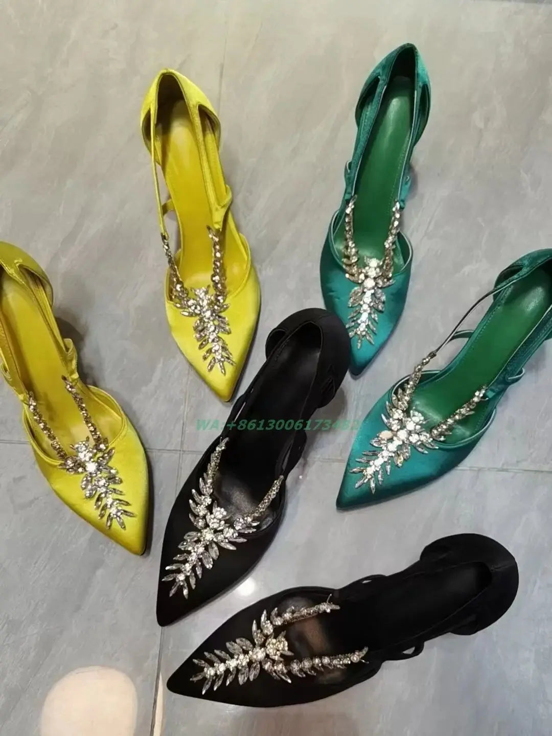 Satin Rhinestone Pointed Toe Stiletto Pumps For Women