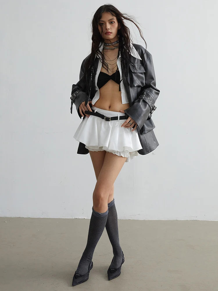 Loose Fit Black Faux Leather Jacket With Pockets for Women
