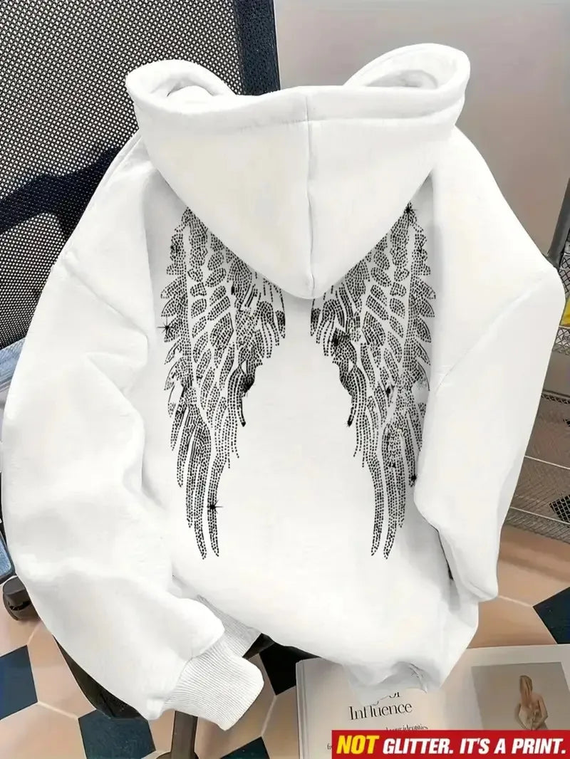 Wing Print Rhinestone Long Sleeve Pullover Hoodie for Women