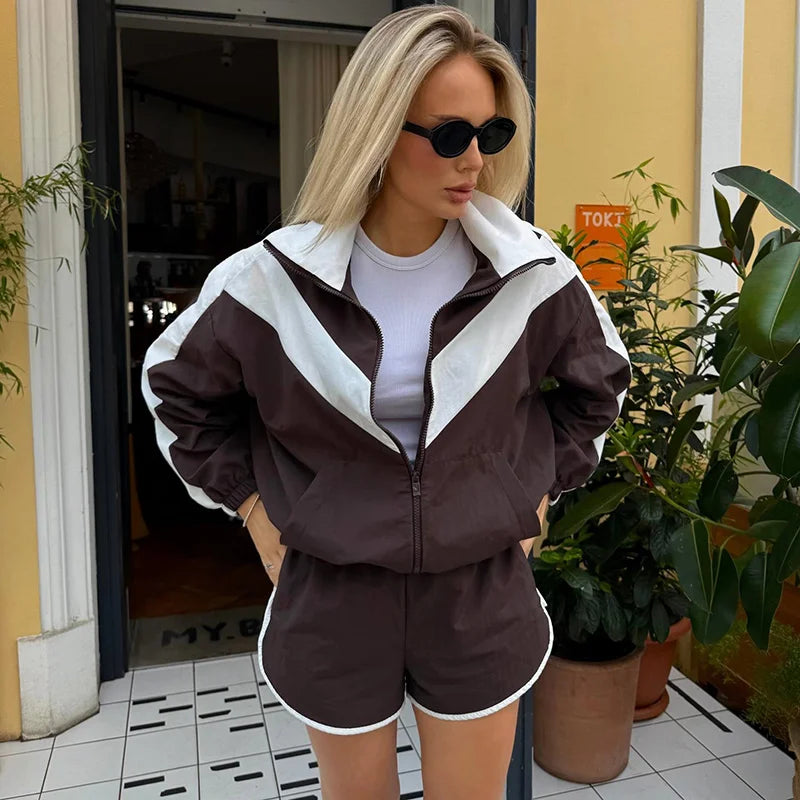 Color Block Zip Up Tracksuit With High Waist Shorts For Women