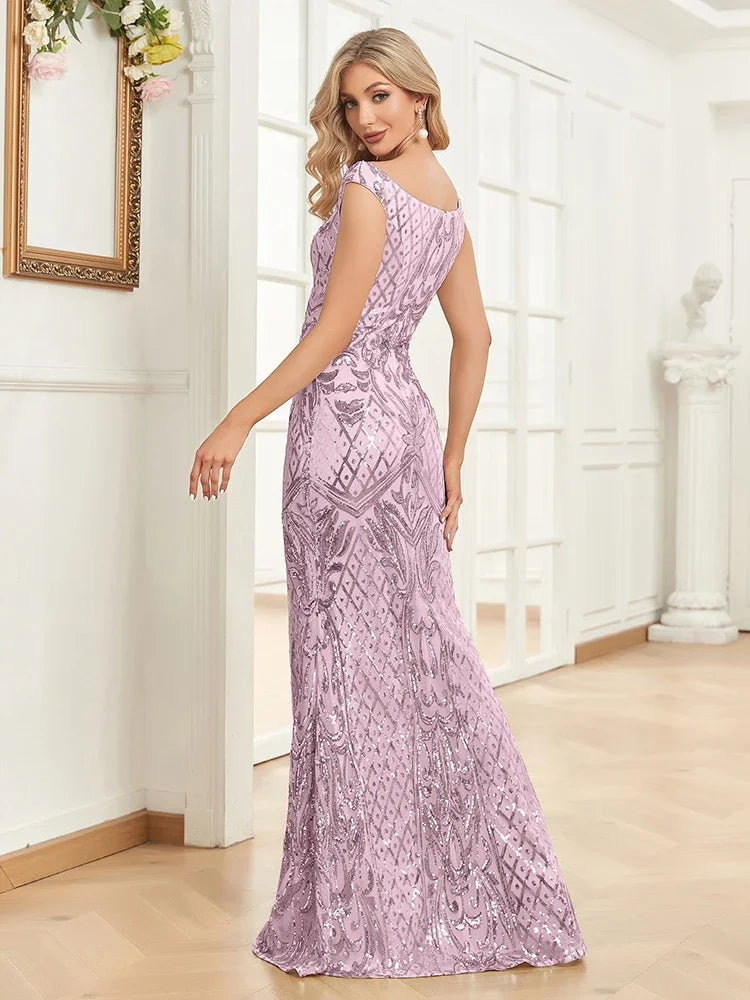 Elegant V Neck Silver Sequins Evening Dresses 2025 Women Sleeveless Party Maxi Mermaid Dress Long Luxury Prom Gown