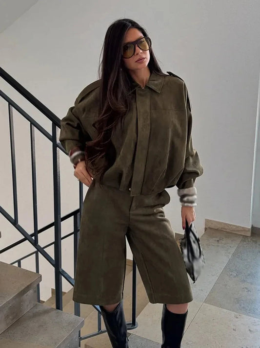 Retro Suede Zip Jacket Set