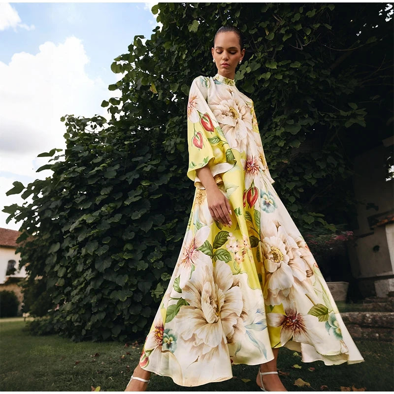Elegant Print Dress with Stand Collar and Flare Sleeves for Women