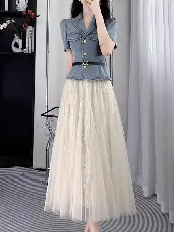 Slim Waist Denim Jacket and Mesh Skirt Two Piece Set for Women